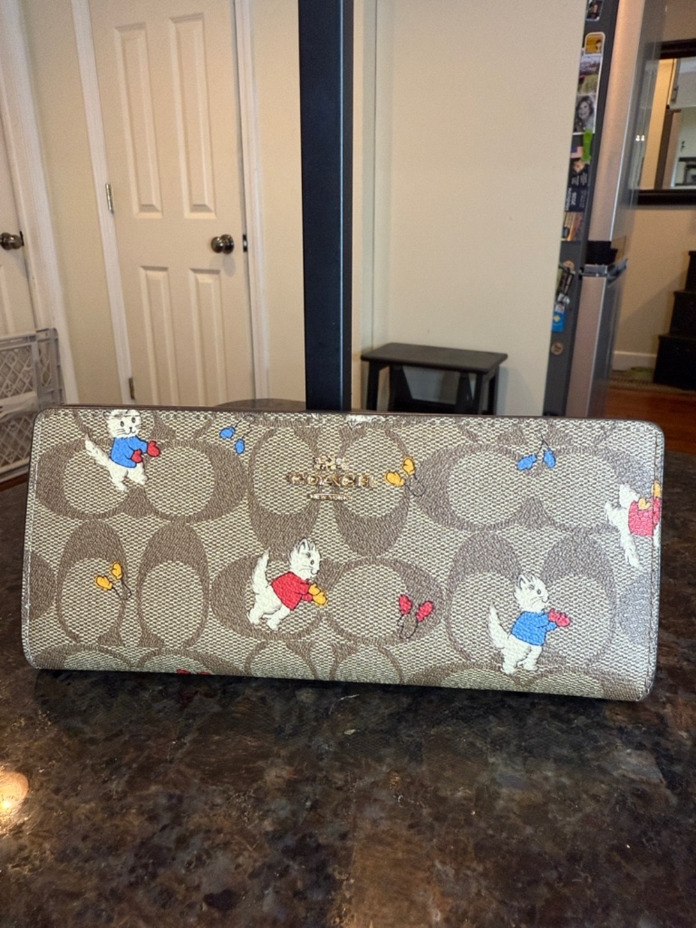 Coach Beige Signature Canvas Continental Wallet with Playful Cat Print